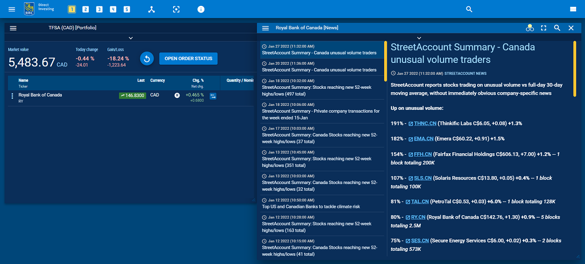 Trading dashboard illustration showing the news widget.